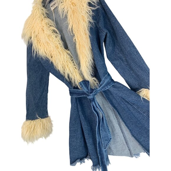Rare New L Show Me Your Mumu Penny Lane Faux Fur Denim Coat RL10649 - Picture 12 of 14